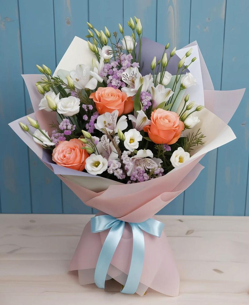 Букет цветов из: Лизиантусы, Розы, Альстромерии и Гипсофила в Урыве-Покровке